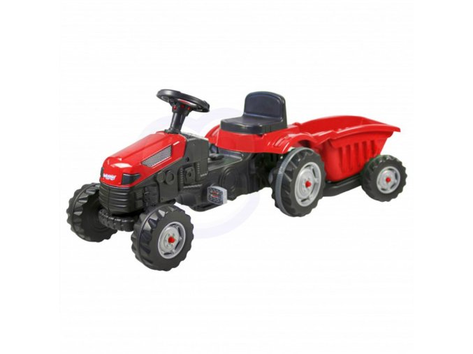 červený šliapací traktor s prívesom