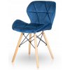 modrá stolička s drevenými nohami železnou konštrukciou