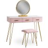 ružový toaletný stolík so zrkadlom a taburetkou