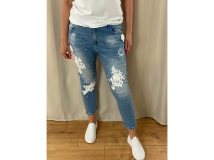Dámské džíny s krajkovou aplikací a perličkami