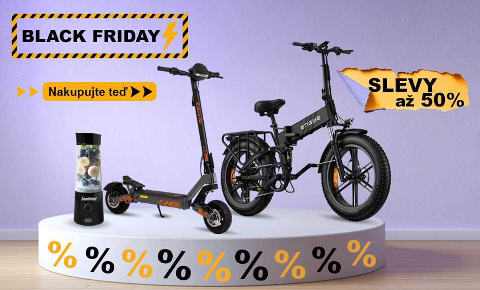 Black Friday banner na Shopum.cz s textem „Slevy až 50 %“. Na obrázku jsou elektrické kolo Engwe, elektrická koloběžka KuKirin a přenosný smoothie mixér SmoothieJet umístěné na bílém podstavci. V levém horním rohu je nápis „Black Friday“ a tlačítko „Nakou