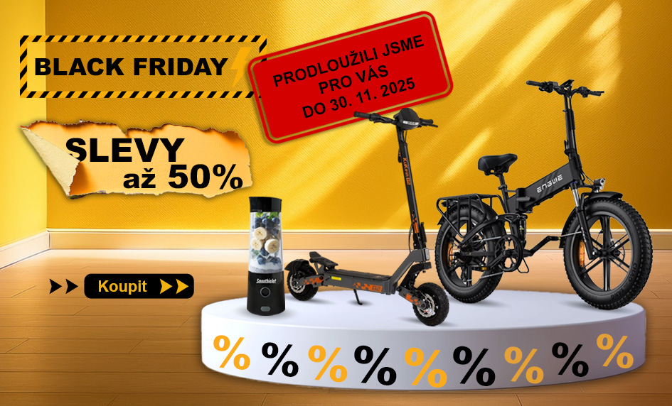 Black Friday banner se žlutým pozadím, slevami až 50 %, prodlouženou akcí do 30. 11. 2025, elektrickou koloběžkou, elektrokolem Engwe a smoothie mixérem SmoothieJet.