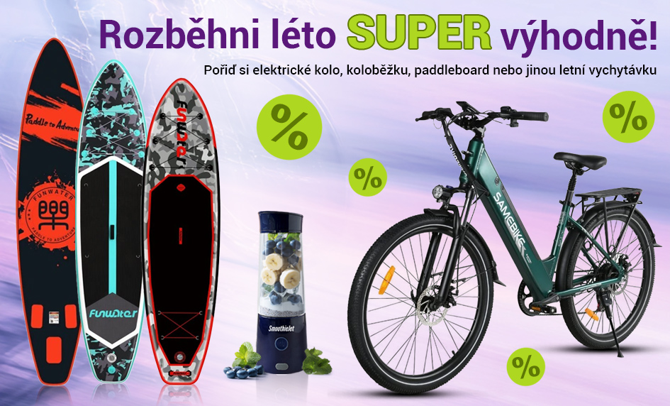 Letní výprodej na shopum.cz – elektrická kola, paddleboardy, přenosné mixéry, masážní pistole a běžecké pásy za akční ceny. Vybavte se na léto se slevami až 40 %.