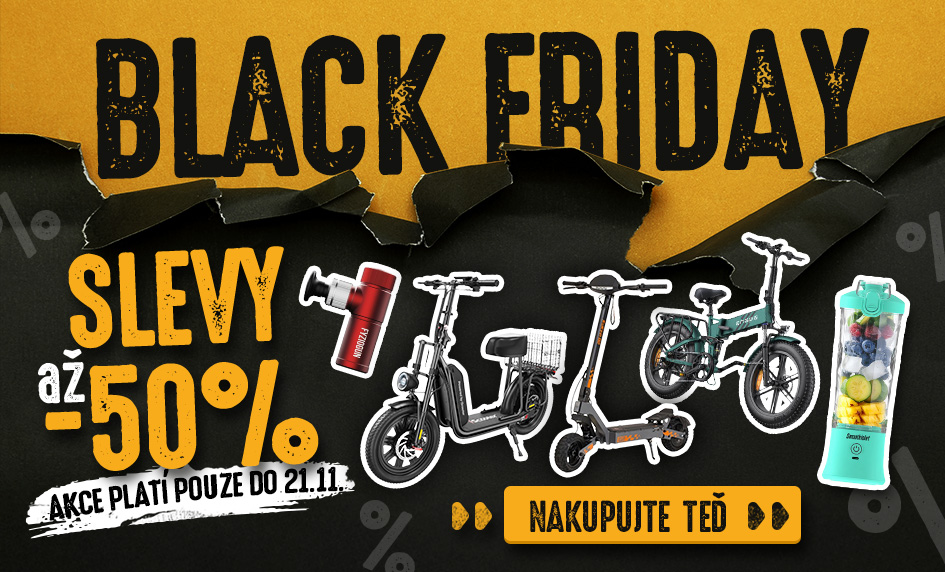 Black Friday banner na Shopum.cz zobrazující velké slevy až -50 %. Na obrázku jsou elektrické kolo Engwe, elektrická koloběžka KuKirin, masážní pistole Fyziogun a smoothie mixér SmoothieJet. Text na pozadí oznamuje akci „Slevy až -50 %, platí jen do 21. 1