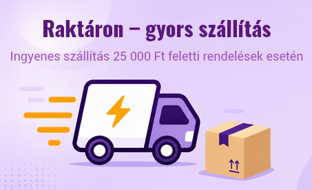Raktáron – Gyors kiszállítás. INGYENES szállítás 25 000 Ft feletti rendelés esetén. Illusztráció egy lila színű kiszállító autóval, amely egy villámmal díszített dobozt szállít, mellette egy külön kartondoboz látható.