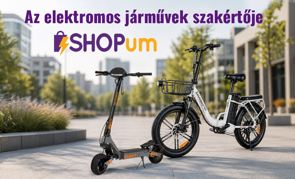 Az Elektromos Mobilitás Szakértője - SHOPum. Illusztráció: egy KuKirin elektromos roller és egy fehér Samebike elektromos kerékpár, a városban leparkolva.