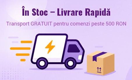 În Stoc – Livrare Rapidă. Transport GRATUIT pentru comenzi peste 500 RON. Ilustrație cu o mașină de livrare mov care transportă o cutie cu un fulger și o cutie de carton separată.