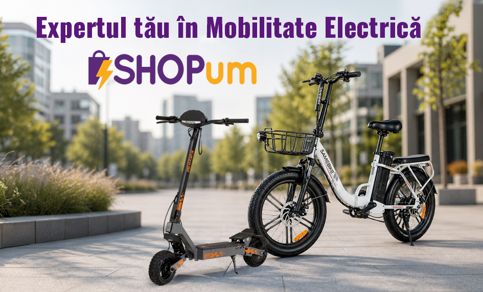 Expertul tău în Mobilitate Electrică - SHOPum. Trotinetă electrică KuKirin și bicicletă electrică Samebike albă parcate în oraș.