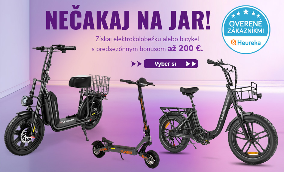 Elektrická kolobežka so sedadlom a košíkom, skladacia elektrokolobežka a horský elektrobicykel na fialovom pozadí s logom Heureka.