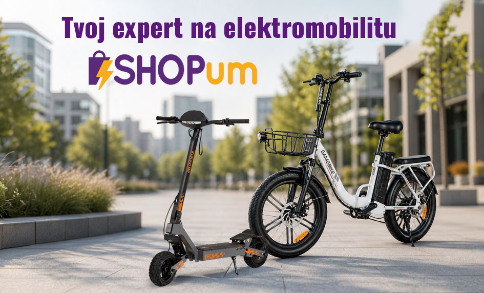 Elektrická kolobežka Kukirin a skladací elektrobicykel Samebike s košíkom v meste – banner SHOPum: Tvoj expert na elektromobilitu.