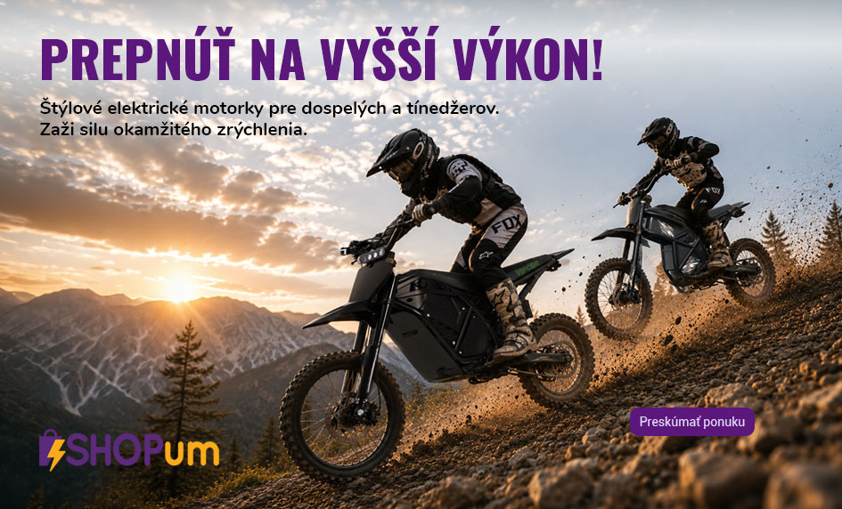 Reklamný banner e-shopu SHOPum s dvoma jazdcami na štýlových elektrických motorkách v horskom teréne pri západe slnka. Text na banneri láka na vyšší výkon a okamžité zrýchlenie.