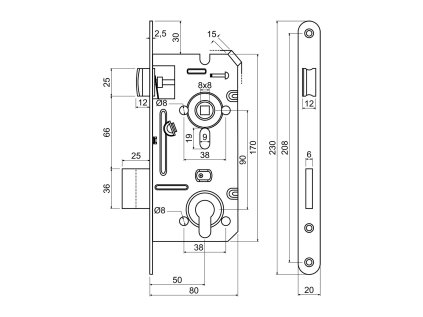 Zámek dveřní vložkový 90/80 P-L FAB Richter  - Z.301-PZ.90/50/20.PL