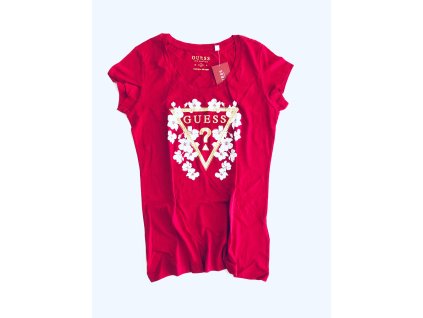 Guess Los Angeles Triangle Floral Red stylové bavlněné triko Fitted s květinovým vzorem a ikonickým logem Guess