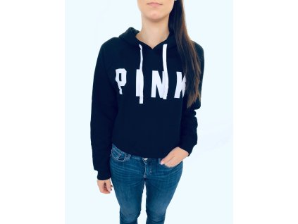 Victoria's Secret PINK Logo Royal Black stylová Cropped mikina s kapucí a nápisem Pink