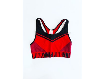 Victoria's Secret PINK Cool & Comfy Red pohodlná sportovní podprsenka s nápisy Pink po celém obvodu