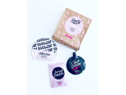Victoria's Secret PINK Party Pack Coconut Oil balíček obsahující tělový peeling, masku na pleť a tělové mýdlo