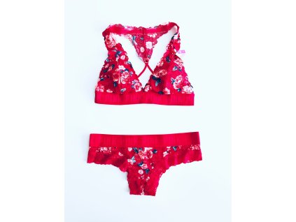 Victoria's Secret PINK Lace Flower Royal Red stylová krajková podprsenka Bralette a Cheekster tanga set 2 ks