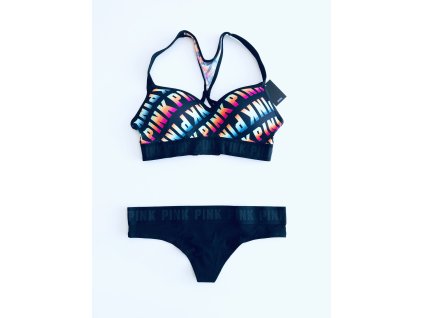 Victoria's Secret PINK Ultimate Logo Multi Black sportovní podprsenka a tanga set 2 ks