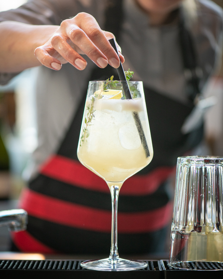 Kyoto Fizz, a cocktail from Sia restaurant, contains gin, lemon, yuzu, sugar syrup, prosecco and thyme