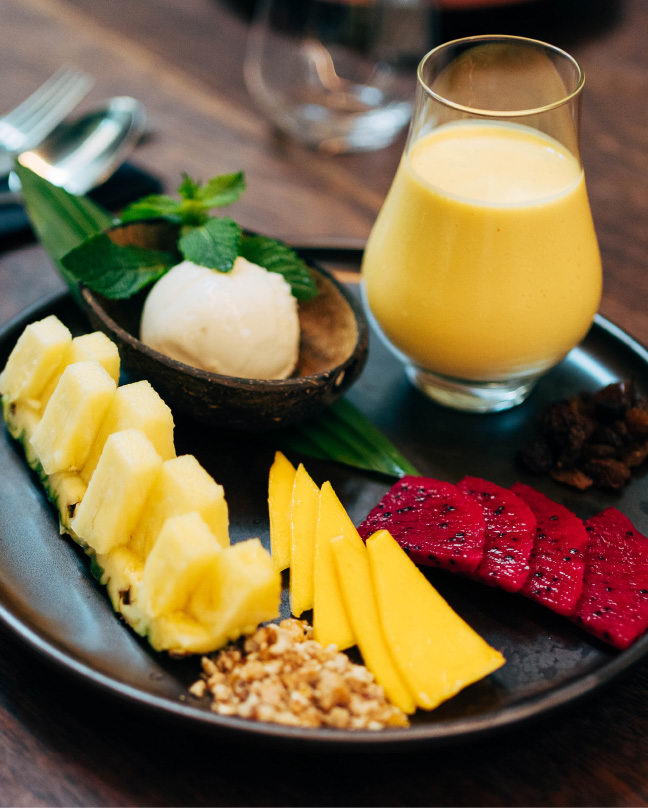 a refreshing dessert to finish – mango lassi with lime sorbet and sliced fruit