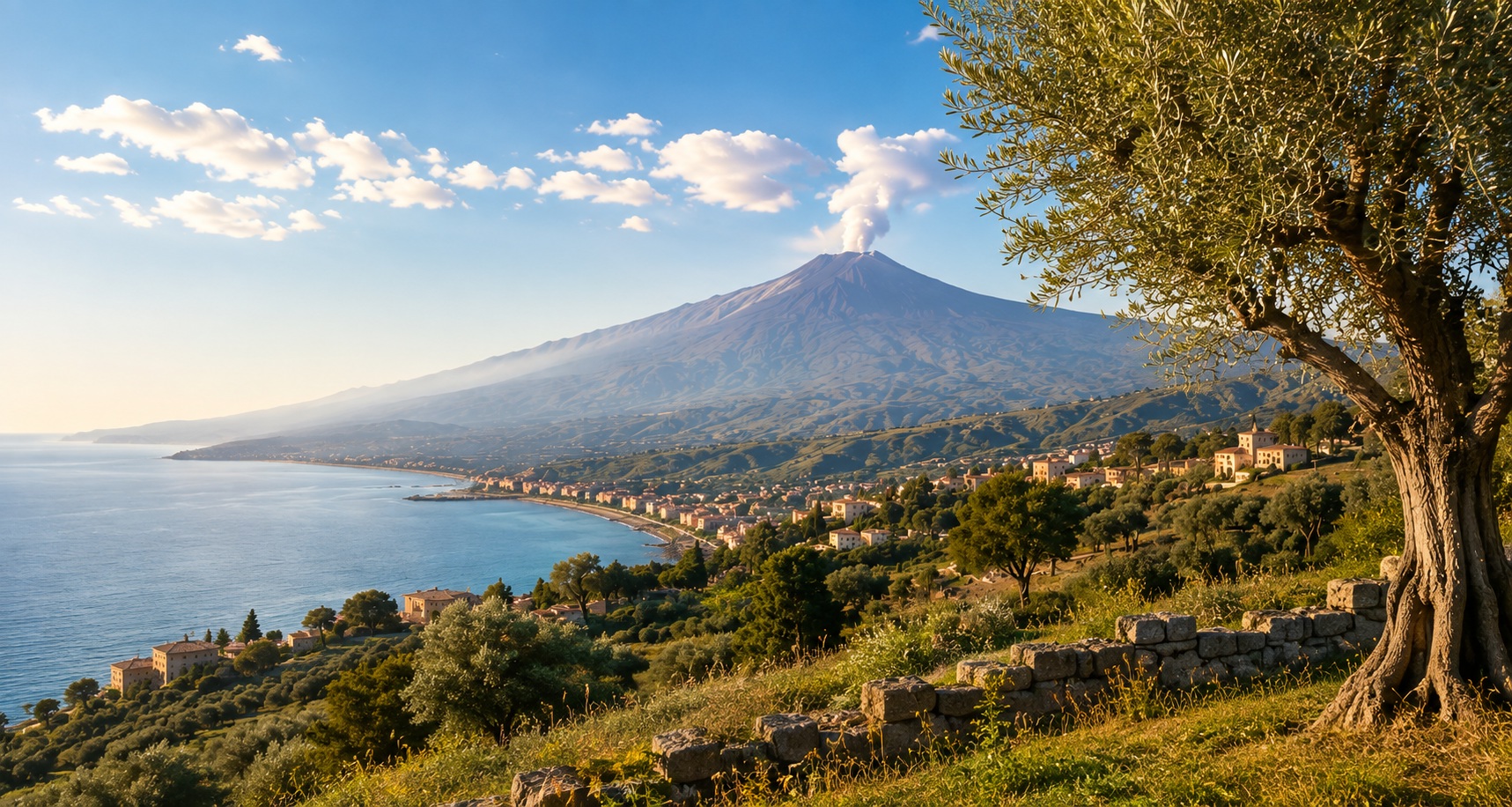Etna, sicilské pobřeží a olivovník na Sicílii