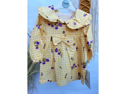 Dívčí manšestrové šaty s límečkem žluté s fialovými květinami