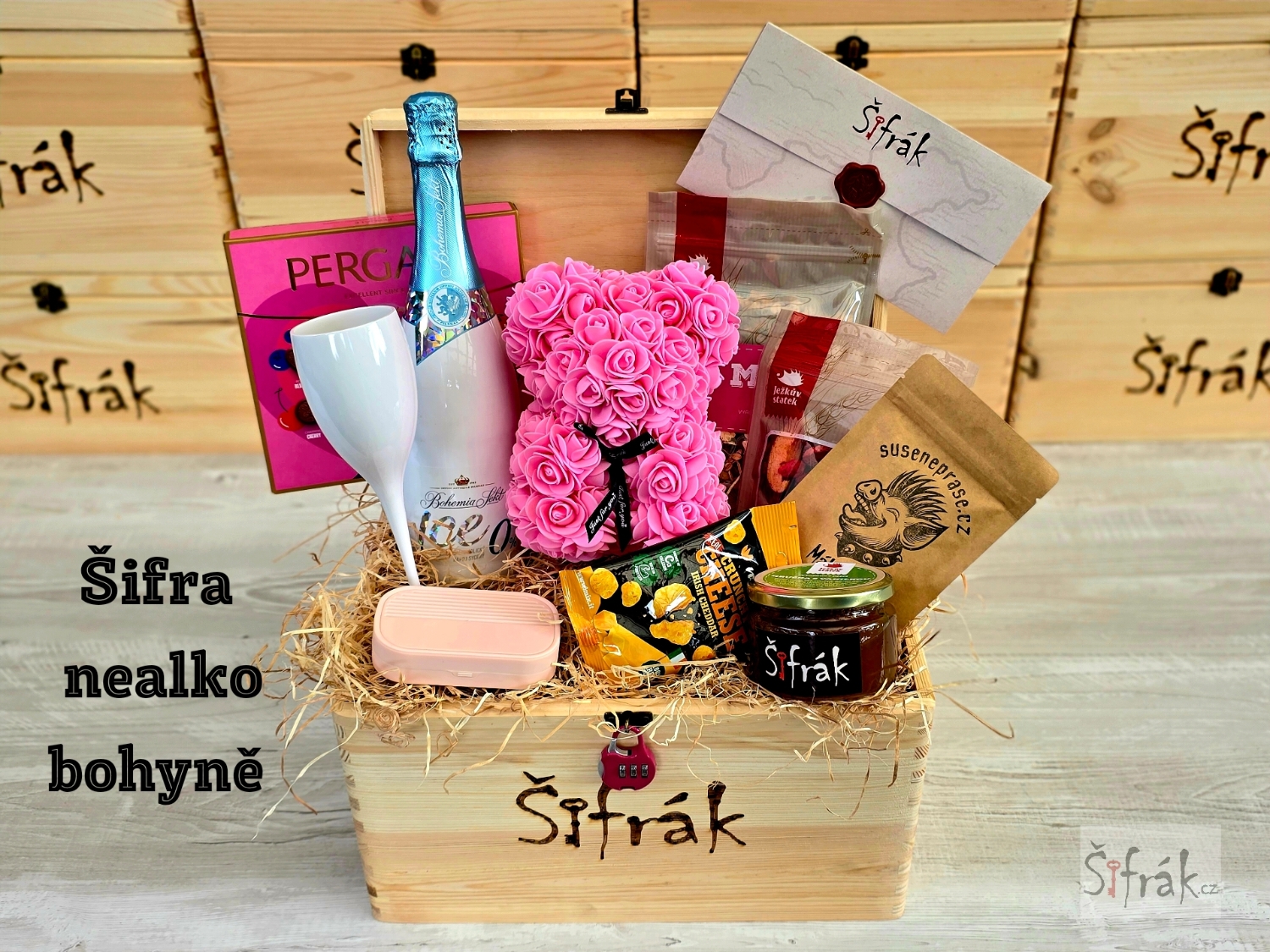 Dárková truhla Šifra nealko bohyně – elegantní zážitek s nealko proseccem, šifrou a překvapením pro výjimečné ženy.