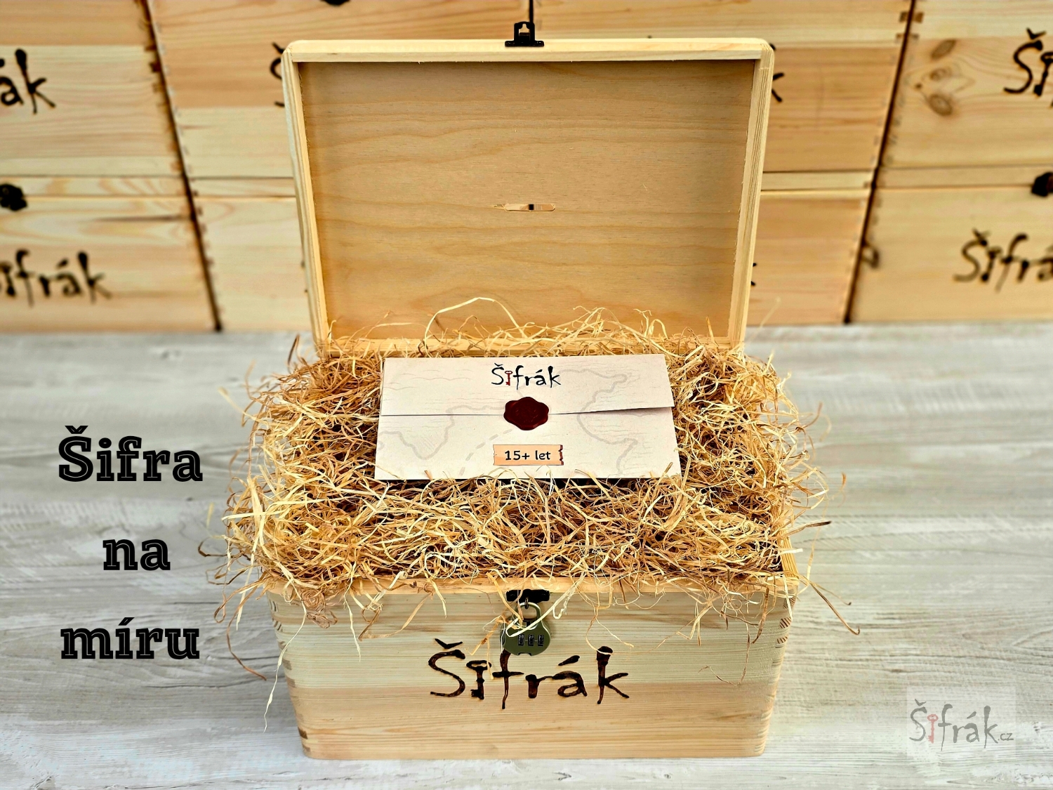 Dárková truhla Šifra na míru – vytvořená podle vašich představ, s vlastním obsahem s naší šifrou pro jedinečný zážitek.