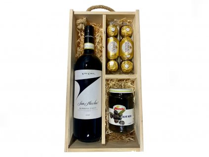Darčeková krabička San Nicolao Barbera červené víno olivy