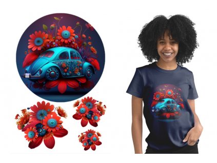 nazehlovacka modry volkswagen brouk s cervenymi kvety