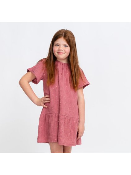 Dětské starorůžové mušelínové šaty s volánem (Velikost 110/116)