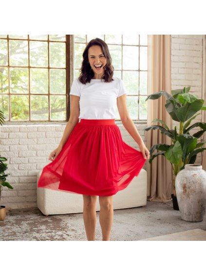 Krátká červená tylová řasená sukně (Velikost L/XL)