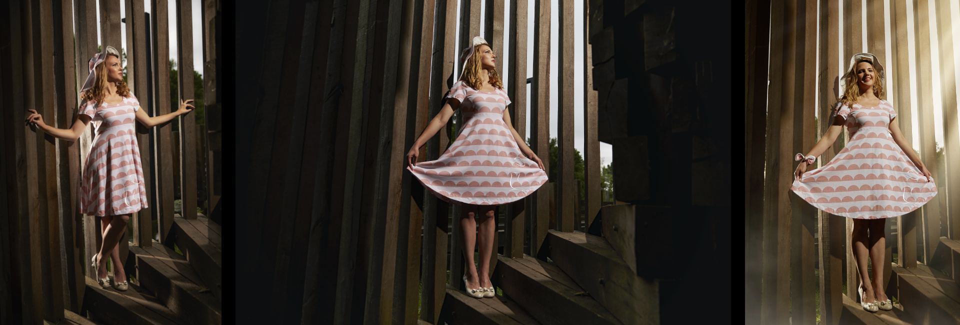 Modelka v šatách a klobúku z úpletu motív lososové polkruhy