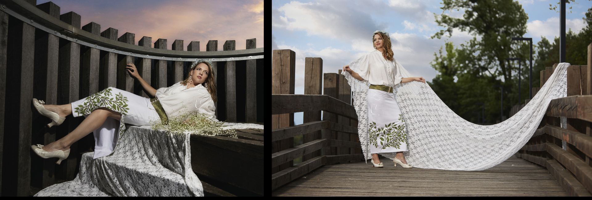 Modelka v dlhej sukni z úpletu motív zelené listy bordúra