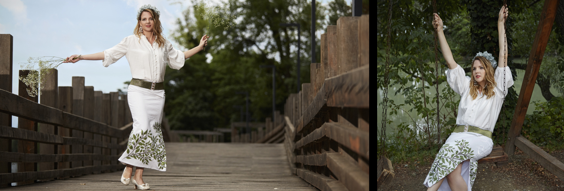 Modelka v dlhej sukni z úpletu motív zelené listy bordúra