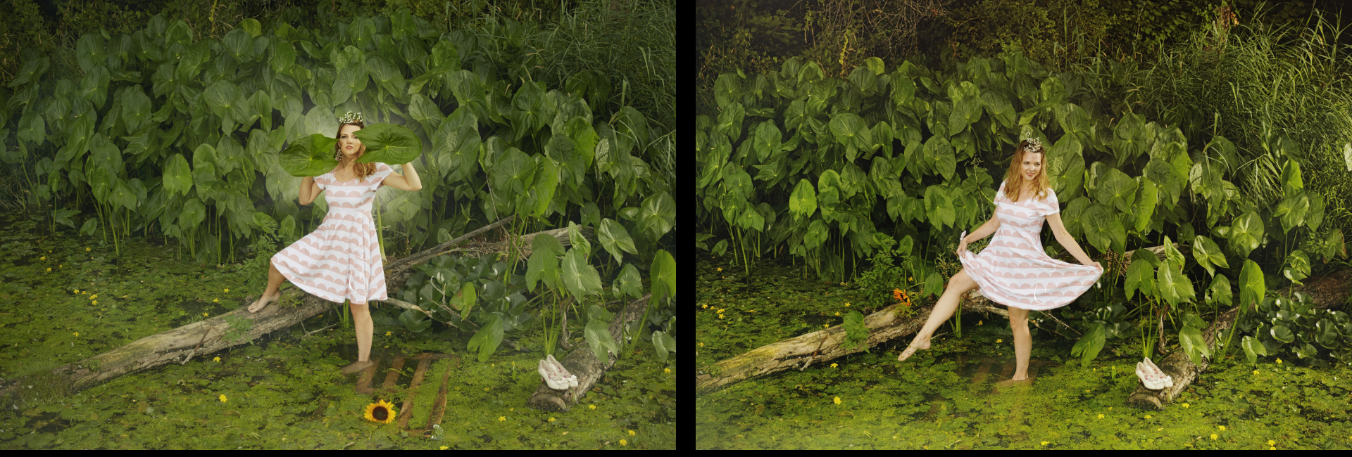 Modelka v šatách z úpletu motív lososové polkruhy - v bažine