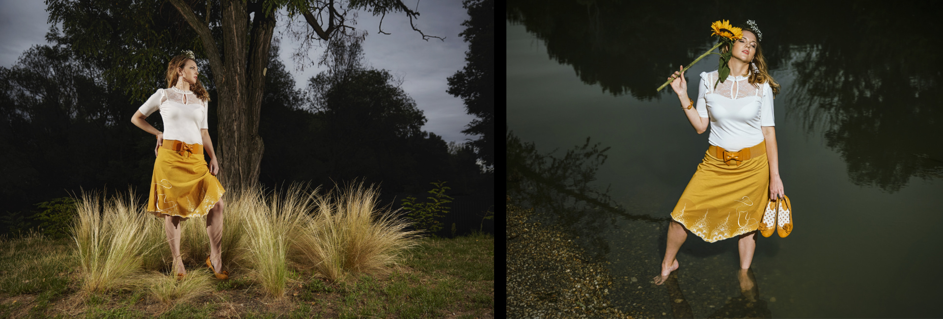 Modelka v žltej sukni z úpletu s motívom mandaly