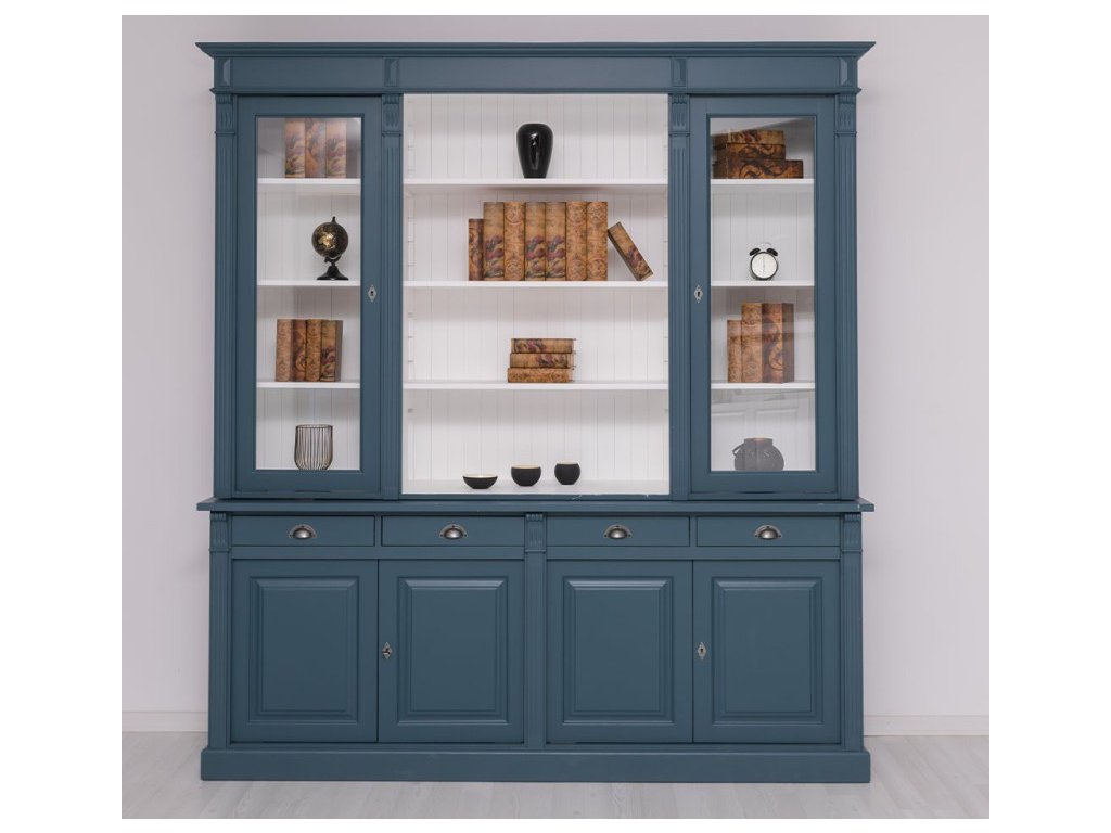 bookcase with 4 doors 4 drawers with metal rails 2 glass doors sup open shelf directoire collection color ext p051 color int p00