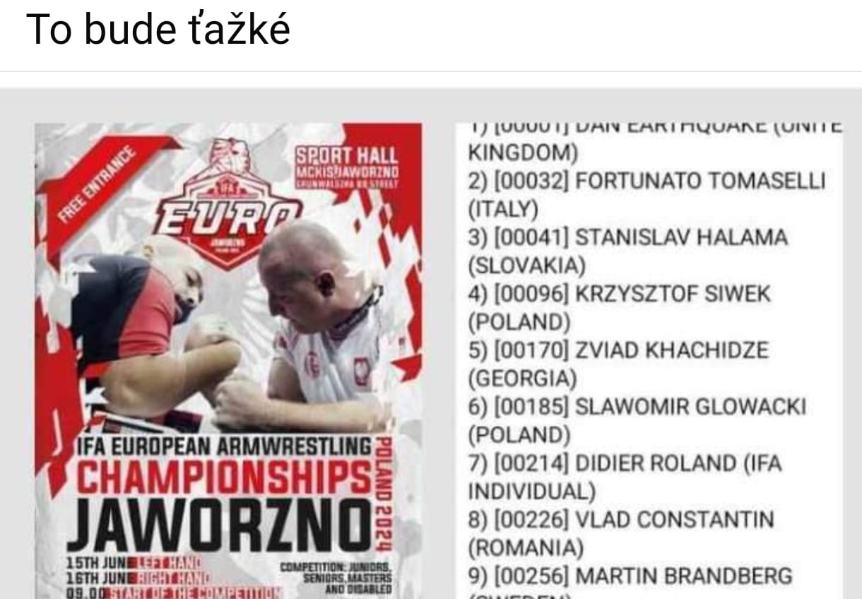 Podpora a víťazstvo v majstrovstvách Európy v Armwrestlingu