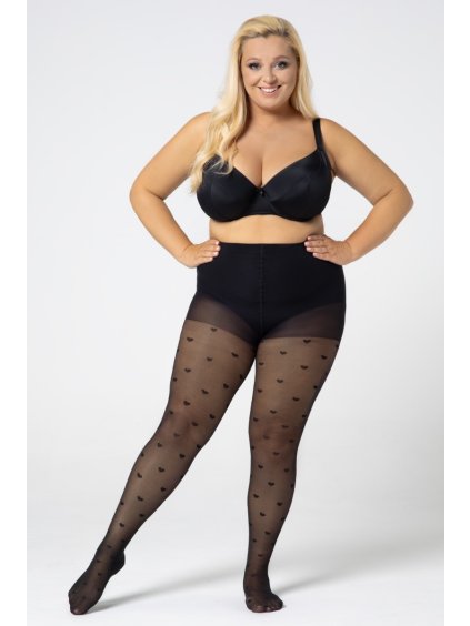 Vzorované pančuchy pre moletky so srdiečkami QUEEN SIZE QUEEN OF HEARTS 30DEN Mona (Farba Onyx, Veľkosť 5/XL)