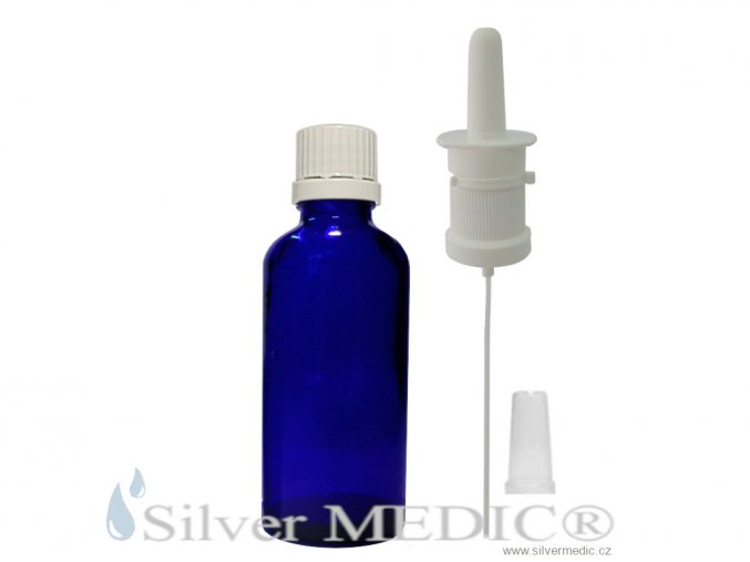 lekovka 50 ml sklo modre kobalt nosni rozprasovac stribro platina silvermedic ultra