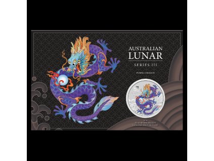 Stříbrná mince 1 oz  Purple Dragon Lunární série III 2024 Kolorovaná v kartě