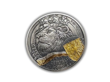 Stříbrná mince 1 oz Český lev 2025 Duálně zlacená s úpravou Antique v etui