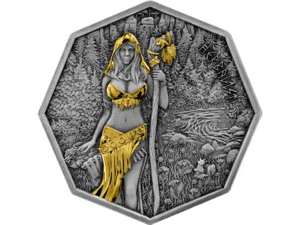 2025 Germania Witchcraft Herbalist Ritual 1 oz Silver Antiqued Gilded Octagonal Coin GR Reserve Front