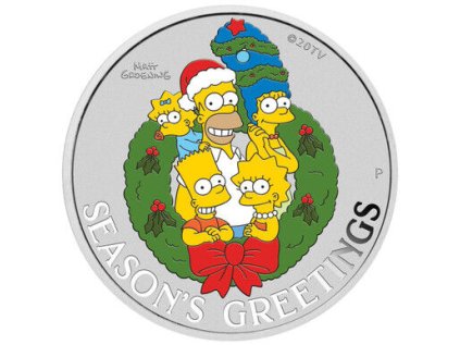 Stříbrná mince 1 oz Seasons greetings The Simpsons 2022 Kolorovaná v kartě  Sezénní pozdravy Simpsonovi