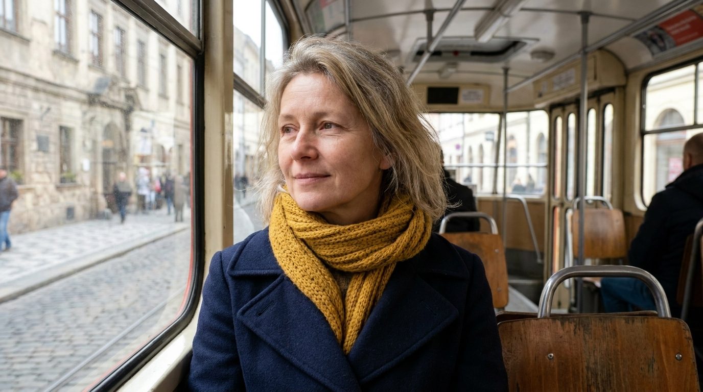 Žena sedí v električke pri okne