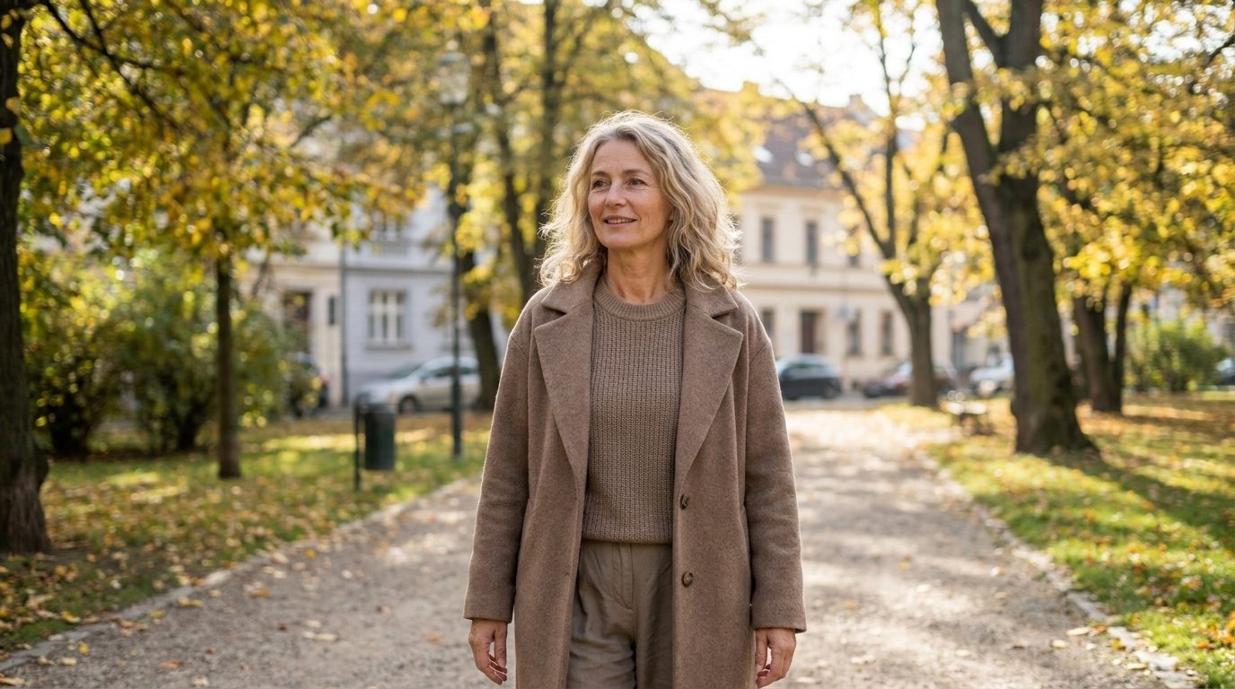 Žena na prechádzke v jesennom parku