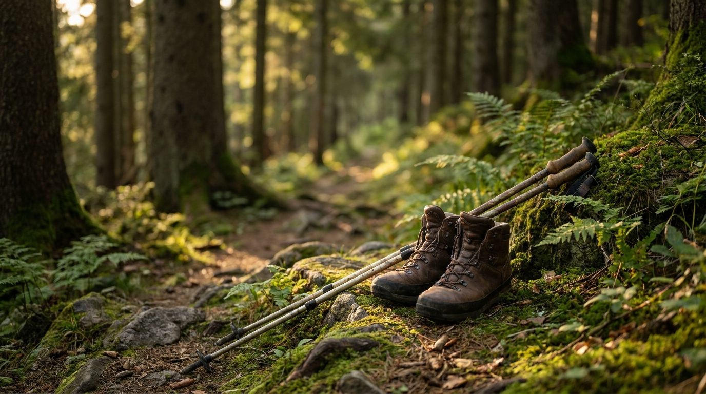 Turistické topánky a palice na lesnom chodníku