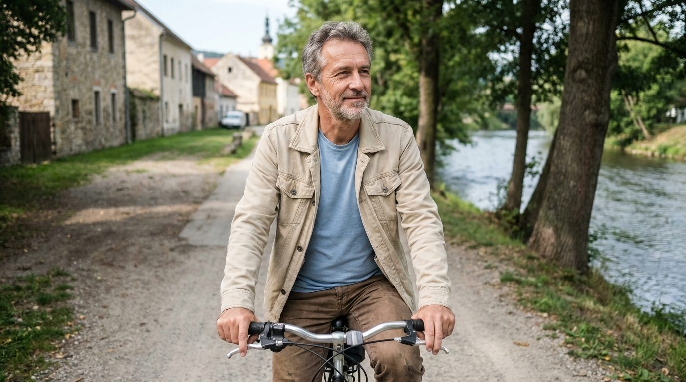 Muž na bicykli na ceste popri rieke