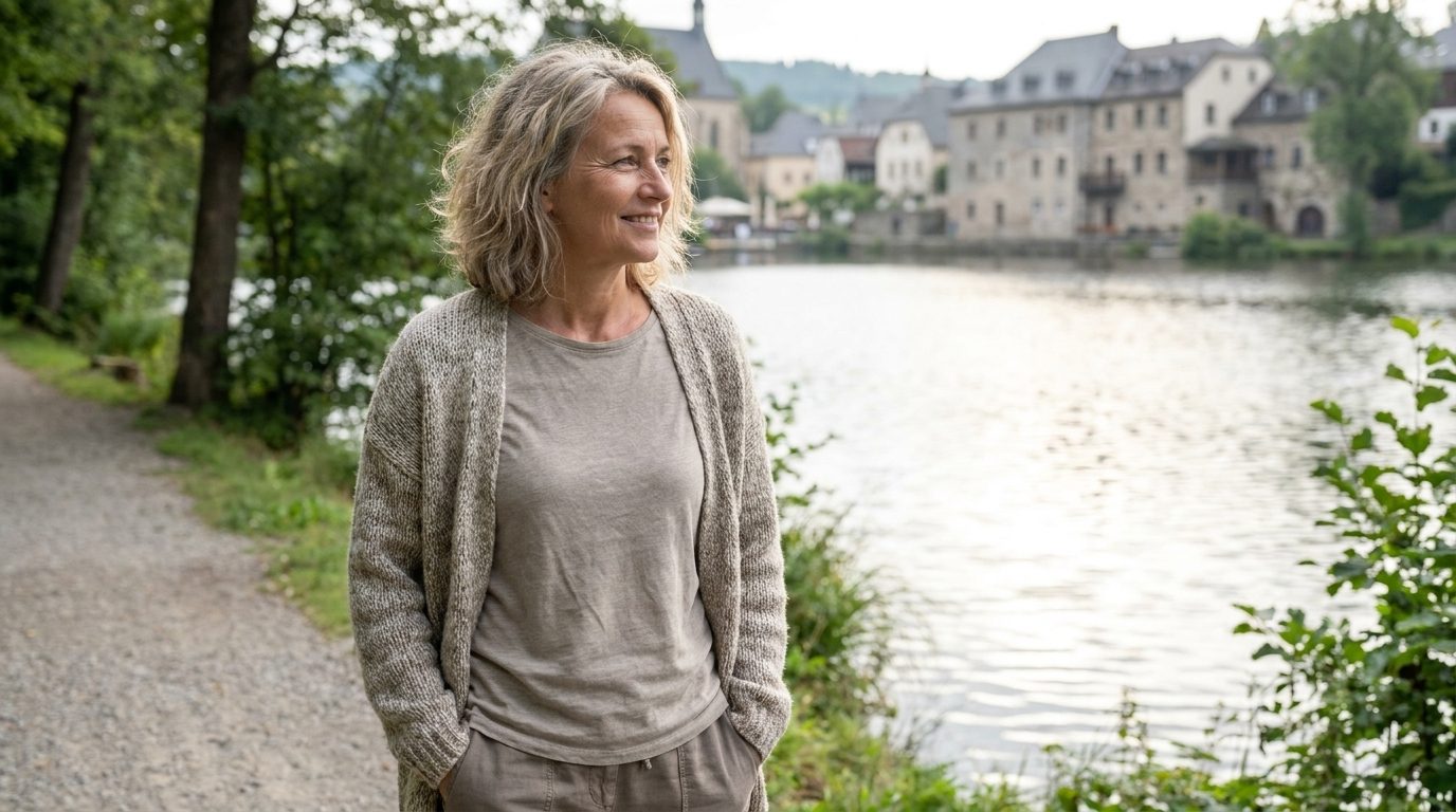 Žena na rannej prechádzke pri jazere